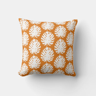 Monstera Leaf Persimmon Orange Pattern Coastal  Cushion