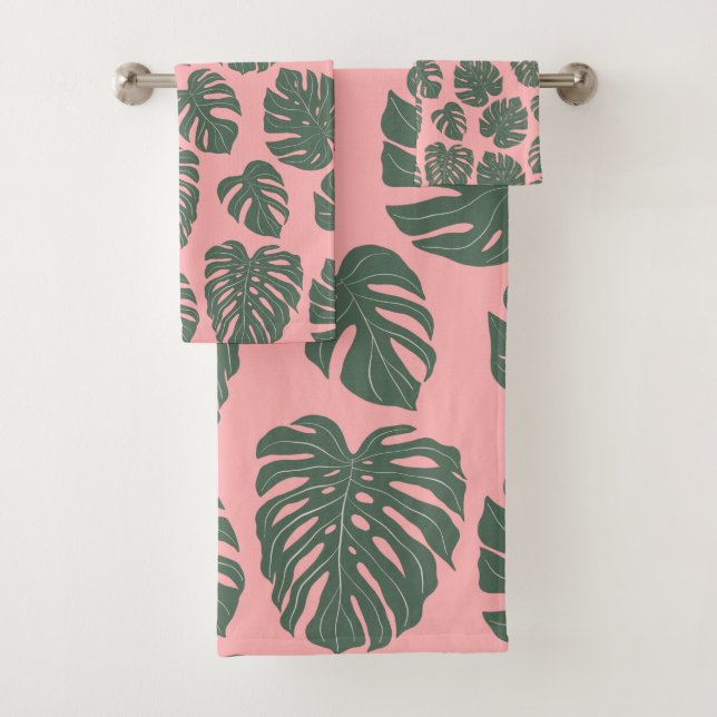 Monstera Leaf Plant Botanical in Pink and Green  Bath Towel Set (Insitu)