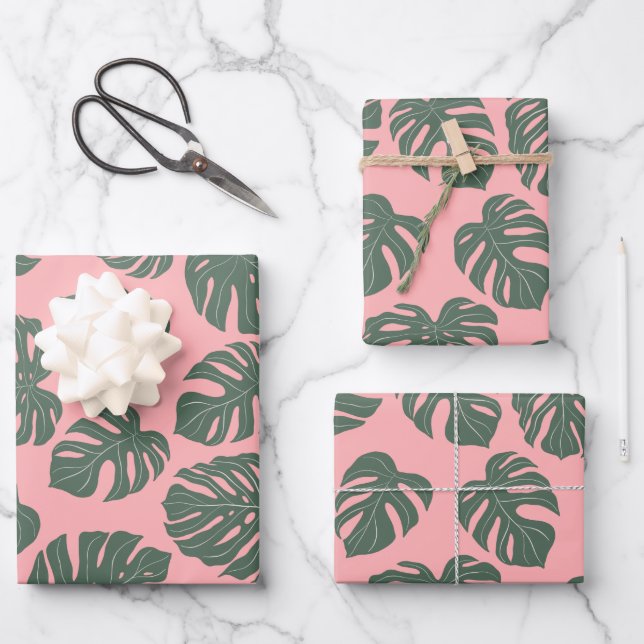 Monstera Leaf Plant Botanical in Pink and Green Wrapping Paper Sheet (Front)