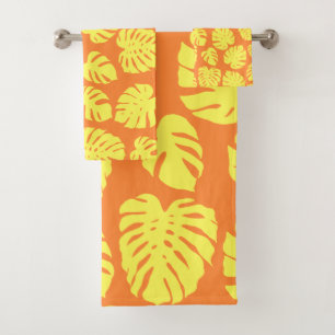 Monstera Leaf Plant Botanical in Yellow and Orange Bath Towel Set