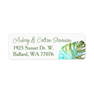 Monstera Leaf Return Address Labels, Green Blue