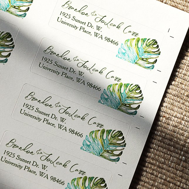 Monstera Leaf Return Address Labels, Green Blue (Tropical Blue Turquoise, and Green Monstera Leaf Address Labels)