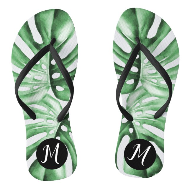 Monstera Leaf Tropical Monogram Flip Flops (Footbed)