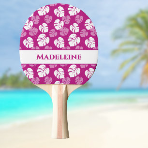 Monstera Leaf Tropical Pink White Magenta Monogram Ping Pong Paddle