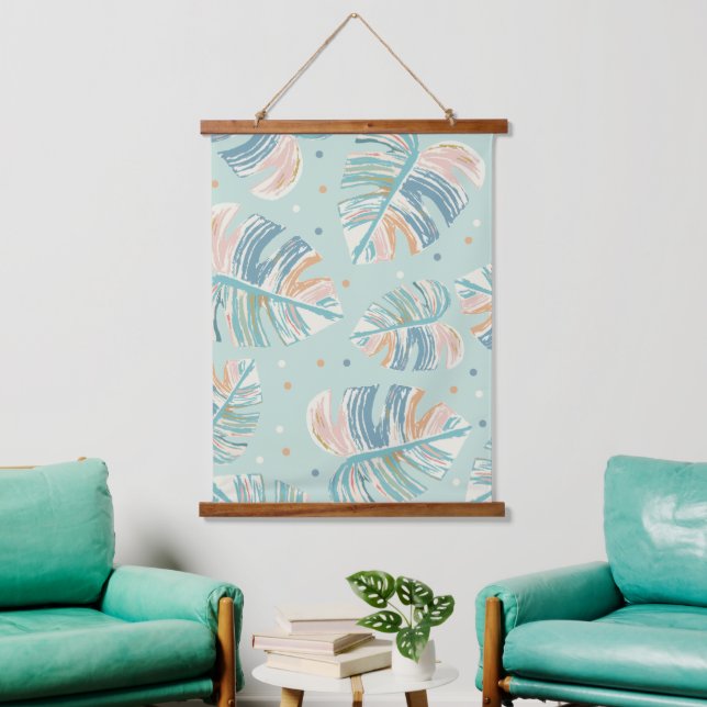 Monstera Leaf - Turquoise, Green, Coral, Mustard Hanging Tapestry (Living Room)