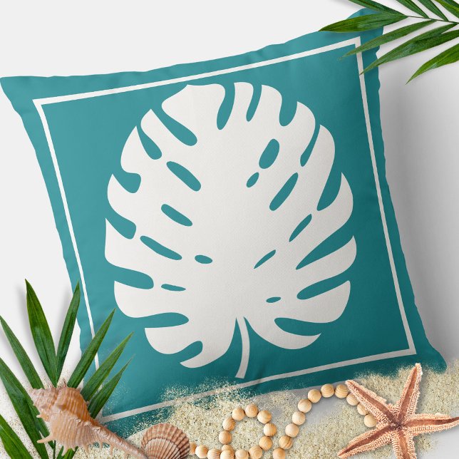 Monstera Leaf Turquoise White Coastal Modern Cushion (Creator Uploaded)