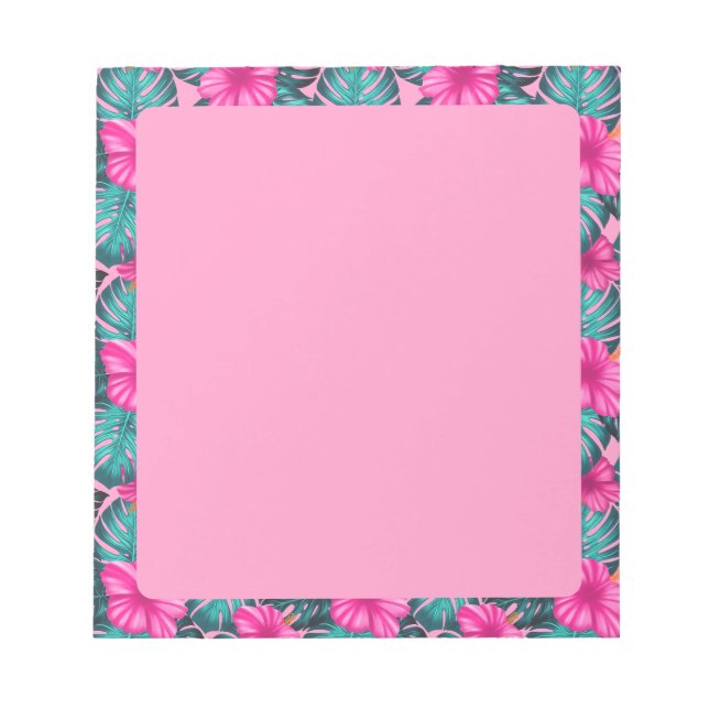 Monstera Leaves and Hibiscus, Teal and Pink Notepad (Front)