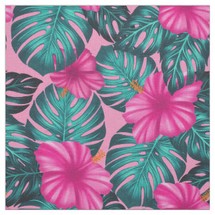Monstera leaves and Hibiscus Teal and Pink on Pink Fabric