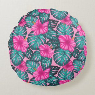 Monstera leaves and Hibiscus Teal and Pink on Pink Round Cushion