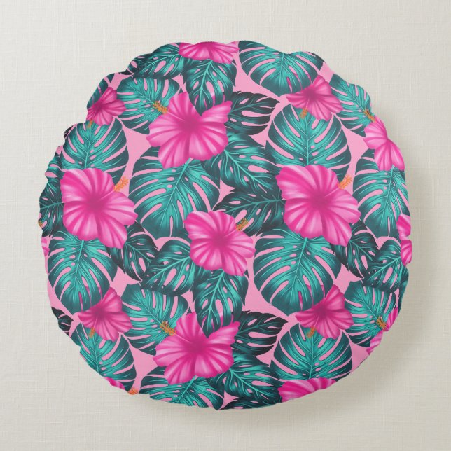 Monstera leaves and Hibiscus Teal and Pink on Pink Round Cushion (Front)