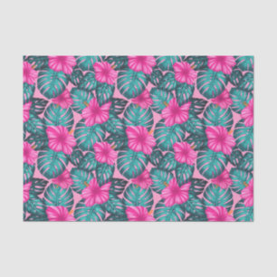 Monstera leaves and Hibiscus Teal and Pink on Pink Tissue Paper