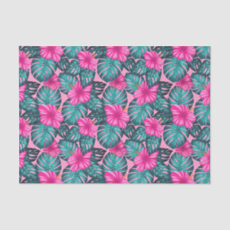 Monstera leaves and Hibiscus Teal and Pink on Pink Tissue Paper