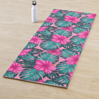Monstera leaves and Hibiscus Teal and Pink on Pink Yoga Mat