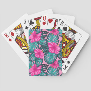 Monstera Leaves and Hibiscus, Teal and Pink Playing Cards