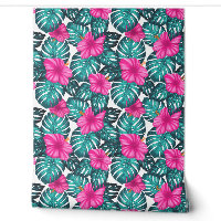 Monstera leaves and Hibiscus Teal and Pink