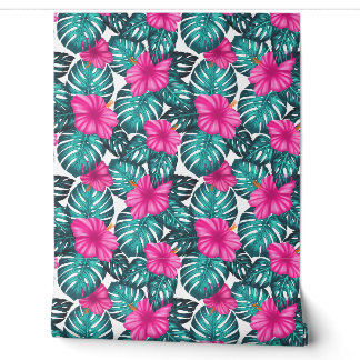 Monstera leaves and Hibiscus Teal and Pink Wallpaper