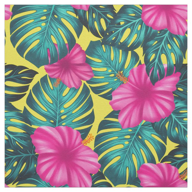 Monstera Leaves and Hibiscus, Teal Pink on Yellow Fabric (Swatch)
