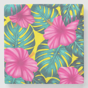 Monstera Leaves and Hibiscus, Teal Pink on Yellow Stone Coaster