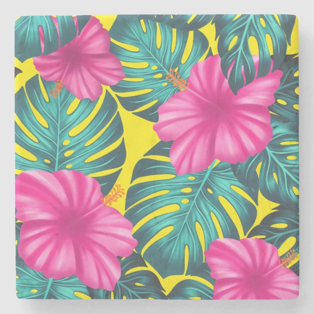 Monstera Leaves and Hibiscus, Teal Pink on Yellow Stone Coaster (Front)