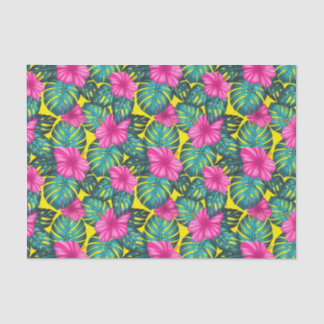 Monstera Leaves and Hibiscus, Teal Pink on Yellow Tissue Paper