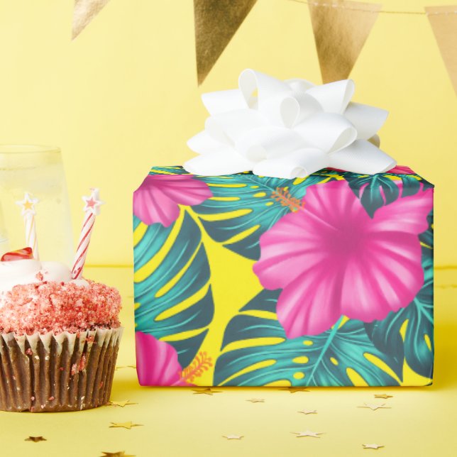 Monstera Leaves and Hibiscus, Teal Pink on Yellow Wrapping Paper (Birthday Party)