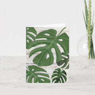 Monstera Leaves Blank Note Card On Wooden Planks
