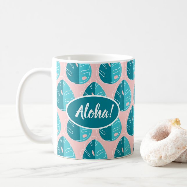 Monstera Leaves - Blue and Pink Coffee Mug (With Donut)