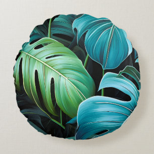 Monstera Leaves Botanical Tropical Jungle Foliage  Round Cushion