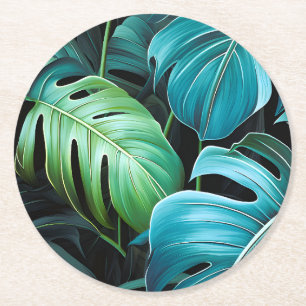 Monstera Leaves Botanical Tropical Jungle Foliage  Round Paper Coaster
