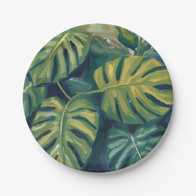 Monstera Leaves Botanical Watercolor Paper Plate (Front)