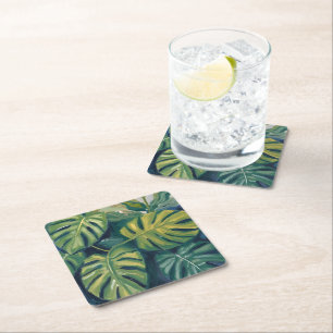 Monstera Leaves Botanical Watercolor Square Paper Coaster