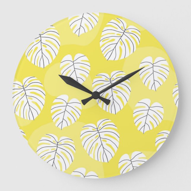 Monstera leaves, bright yellow background. large clock (Front)