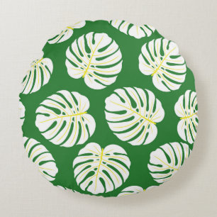 Monstera Leaves, Dark Green Vintage. Round Cushion