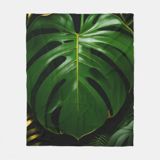 Monstera Leaves Gold Jungle Glamour Fleece Blanket