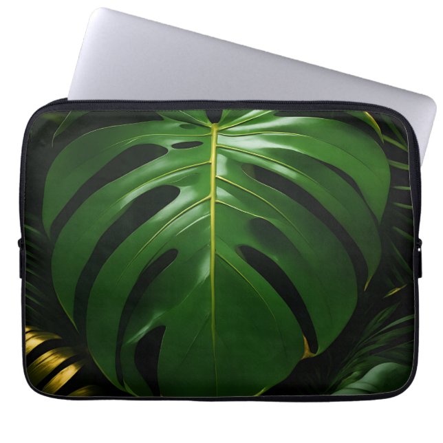 Monstera Leaves Gold Jungle Glamour Laptop Sleeve (Front)