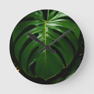Monstera Leaves Gold Jungle Glamour Round Clock