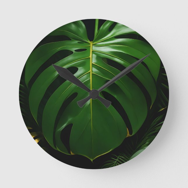 Monstera Leaves Gold Jungle Glamour Round Clock (Front)