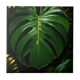 Monstera Leaves Gold Jungle Glamour Tile
