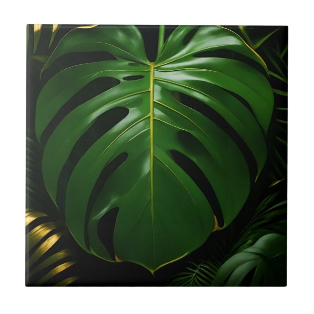 Monstera Leaves Gold Jungle Glamour Tile (Front)