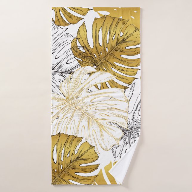 Monstera Leaves: Golden White Bath Towel (Bath Towel)