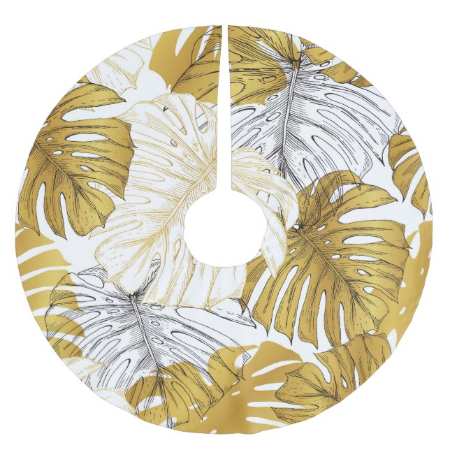 Monstera Leaves: Golden White Brushed Polyester Tree Skirt (Front)