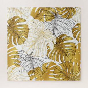 Monstera Leaves: Golden White Jigsaw Puzzle