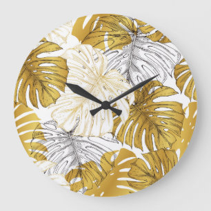 Monstera Leaves: Golden White Large Clock