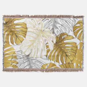 Monstera Leaves: Golden White Throw Blanket