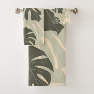 Monstera leaves (Green and Sand) Bath Towel Set