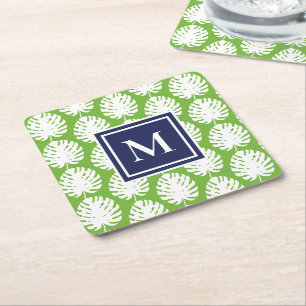 Monstera Leaves Green Navy Modern Monogram Coasta Square Paper Coaster