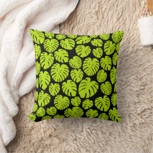 Monstera leaves in Lime Green and black Cushion