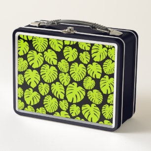 Monstera leaves in Lime Green and black Metal Lunch Box