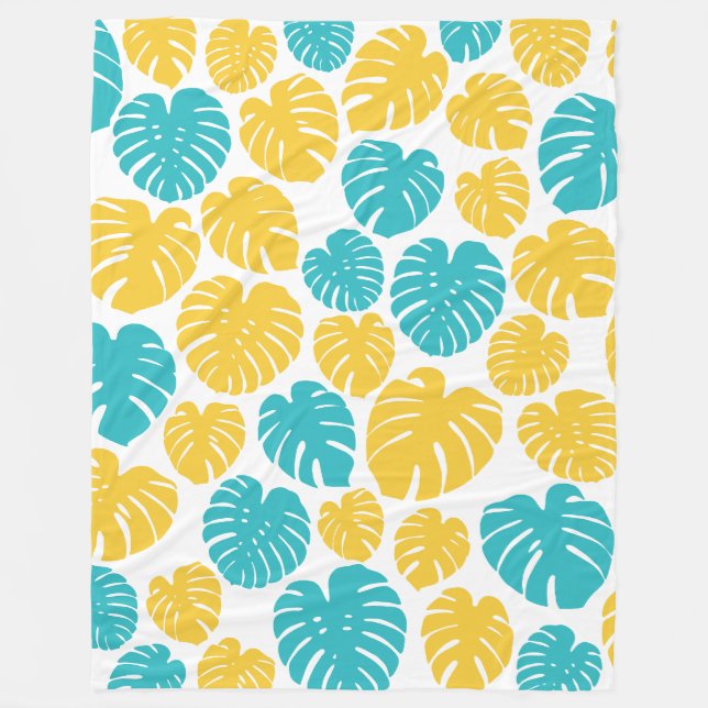 Monstera Leaves in Turquoise, Yellow, and White Fleece Blanket (Front)