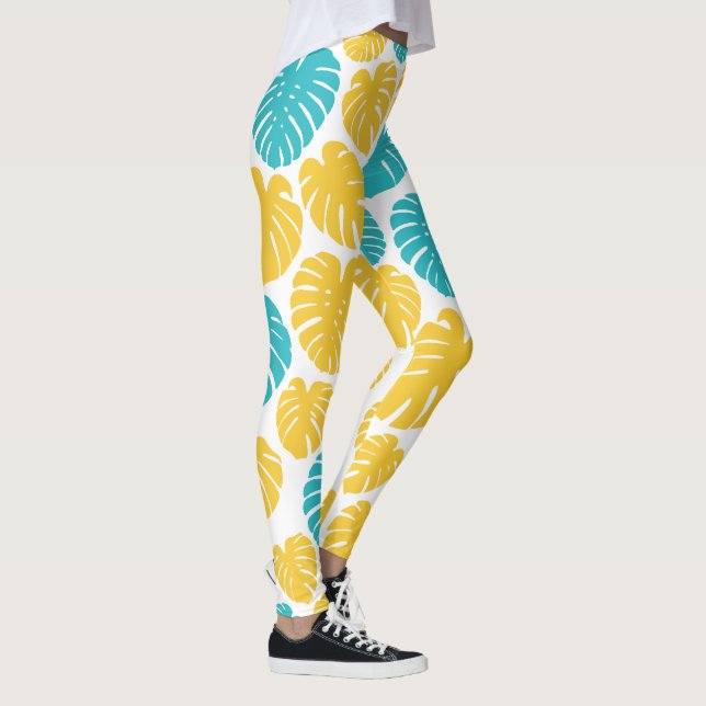 Monstera Leaves in Turquoise, Yellow, and White Leggings (Right)